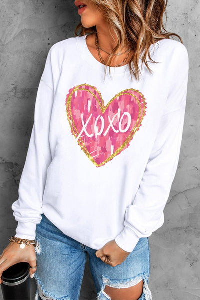 Women's White Heart Print Pullover Sweatshirt with Gold Glitter Trim