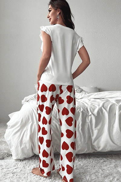Women's White Heart Print Ruffle Sleeve Lounge Set for Women