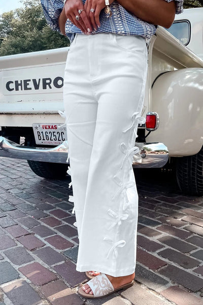Women's White High-Waisted Straight Leg Jeans with Bow Detail