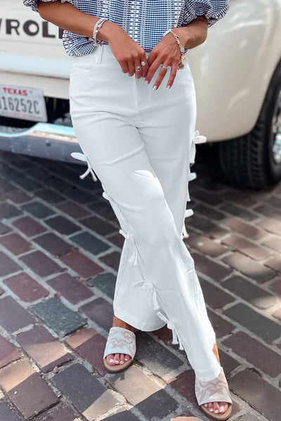 Women's White High-Waisted Straight Leg Jeans with Bow Detail
