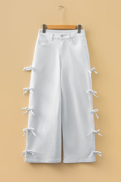 Women's White High-Waisted Straight Leg Jeans with Bow Detail
