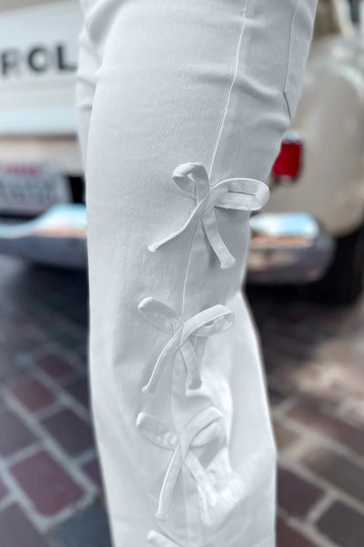 Women's White High-Waisted Straight Leg Jeans with Bow Detail