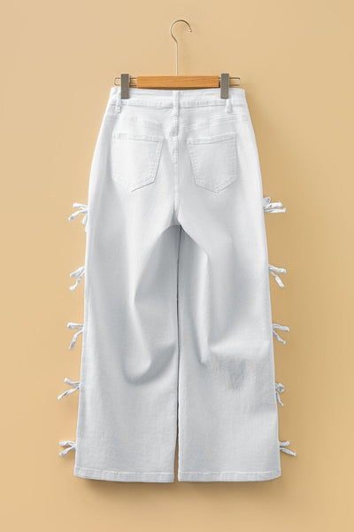 Women's White High-Waisted Straight Leg Jeans with Bow Detail