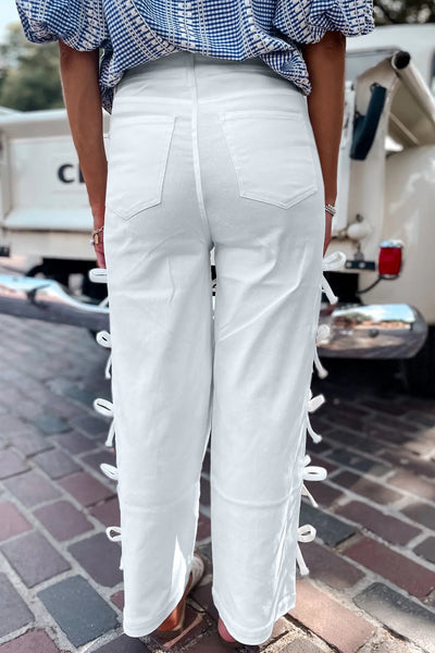 Women's White High-Waisted Straight Leg Jeans with Bow Detail