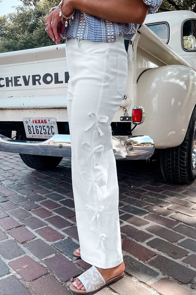 Women's White High-Waisted Straight Leg Jeans with Bow Detail