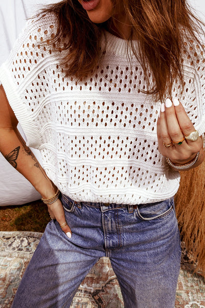 Women's White Hollow Out Pointelle Knit Dolman Sleeve Sweater