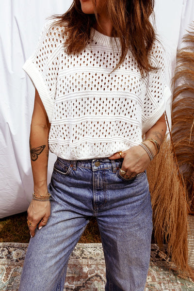 Women's White Hollow Out Pointelle Knit Dolman Sleeve Sweater