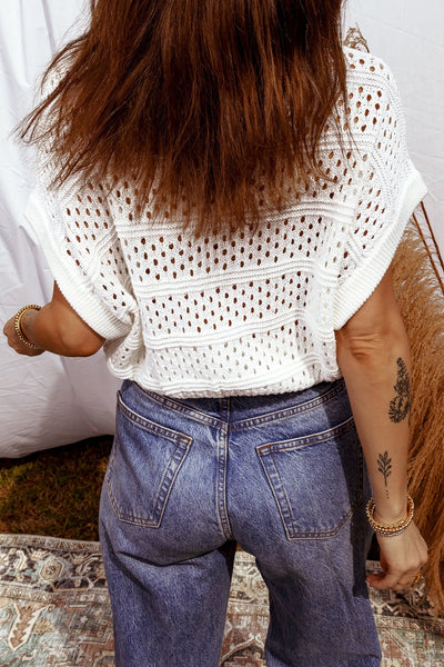 Women's White Hollow Out Pointelle Knit Dolman Sleeve Sweater