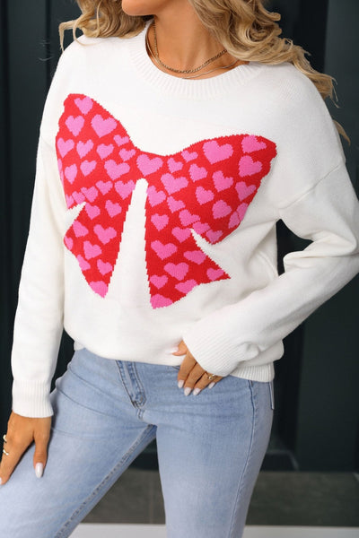 Women's White Intarsia Heart Bow Crewneck Sweater