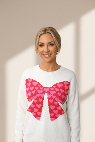Women's White Intarsia Heart Bow Crewneck Sweater