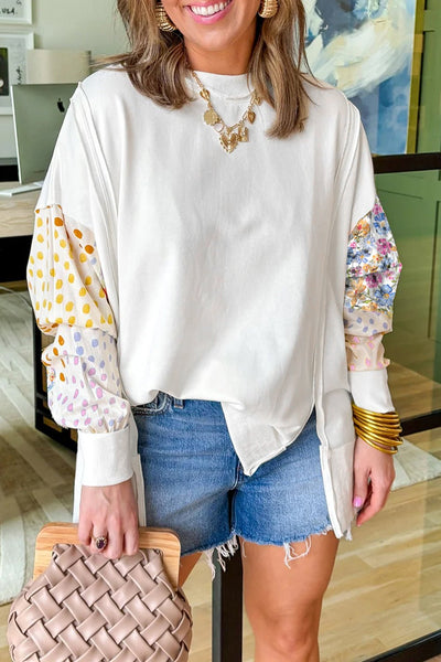 Women's White Patchwork Floral Sweatshirt with High-Low Hem