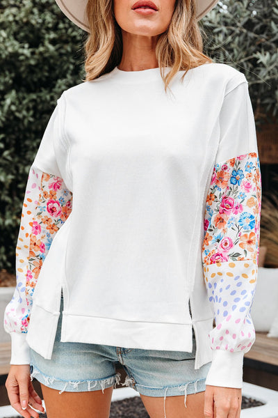 Women's White Patchwork Floral Sweatshirt with High-Low Hem