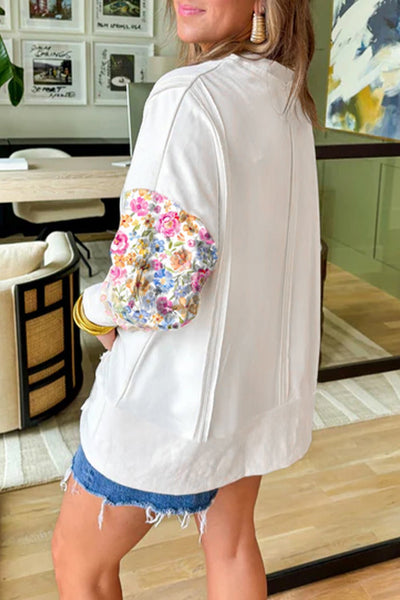 Women's White Patchwork Floral Sweatshirt with High-Low Hem