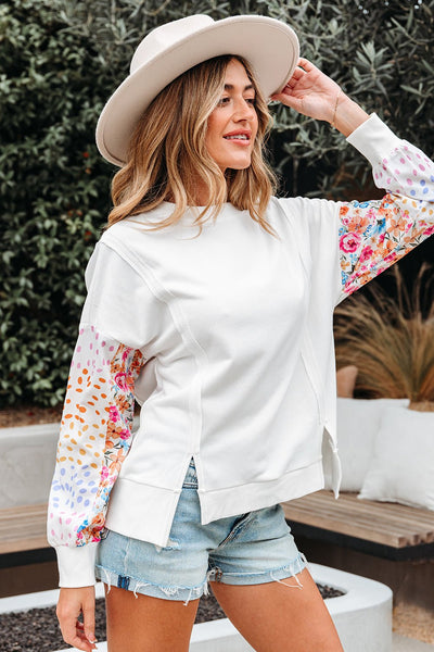 Women's White Patchwork Floral Sweatshirt with High-Low Hem