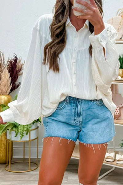 Women's White Plisse Balloon Sleeve Button-Down Blouse