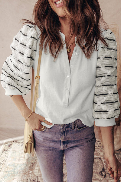 Women's White Rib-Knit Henley Blouse with Striped Textured Sleeves
