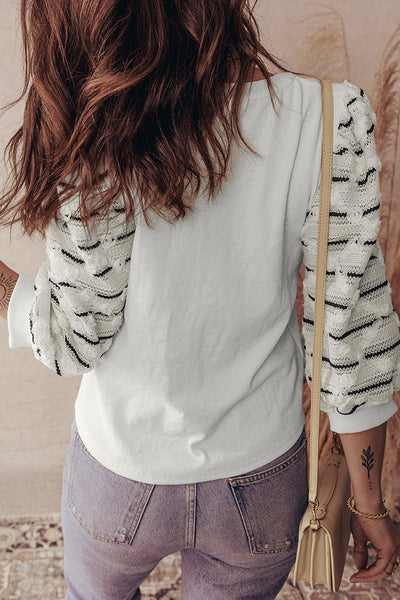 Women's White Rib-Knit Henley Blouse with Striped Textured Sleeves