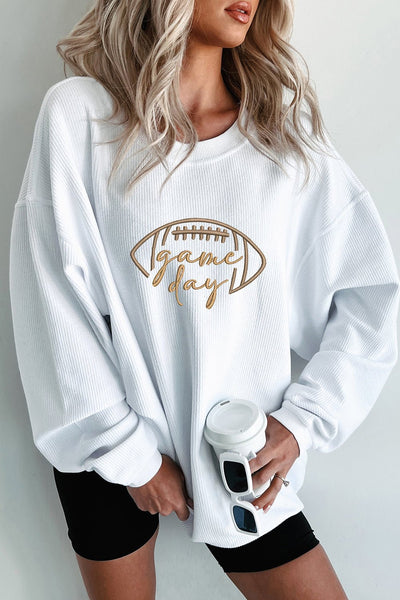 Women's White Ribbed Game Day Embroidered Sweatshirt