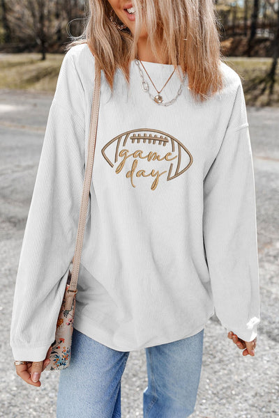 Women's White Ribbed Game Day Embroidered Sweatshirt