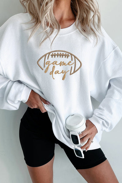 Women's White Ribbed Game Day Embroidered Sweatshirt