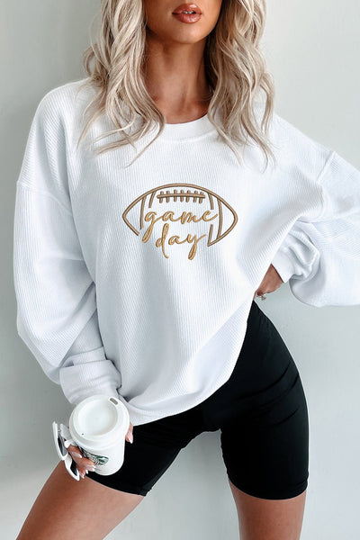 Women's White Ribbed Game Day Embroidered Sweatshirt
