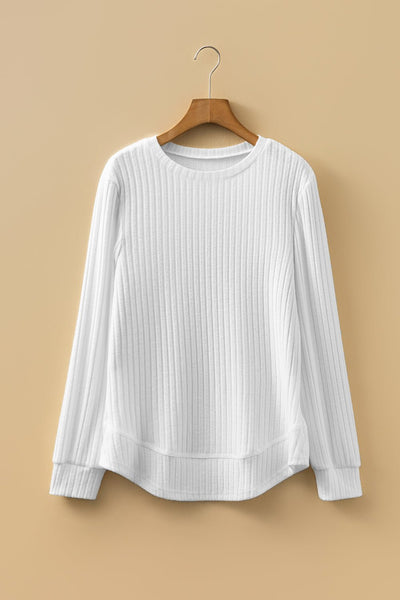 Women's White Ribbed Knit Long Sleeve Sweater with Curved Hem