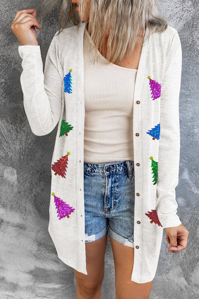 Women's White Sequin Christmas Tree Cardigan with Button Front