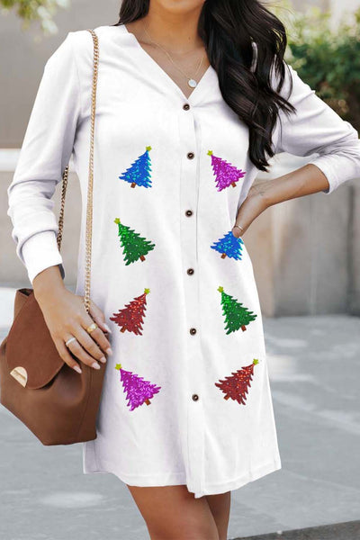 Women's White Sequin Christmas Tree Cardigan with Button Front