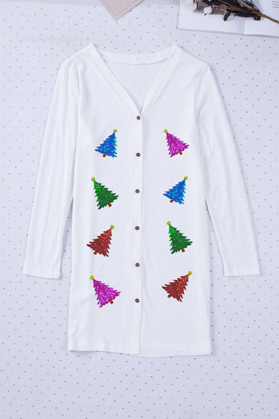 Women's White Sequin Christmas Tree Cardigan with Button Front
