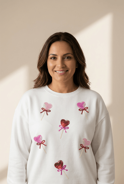 Women's White Sequin Heart Lolly Graphic Sweatshirt
