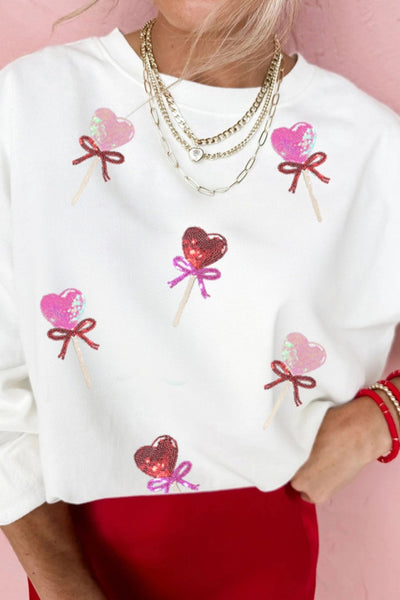 Women's White Sequin Heart Lolly Graphic Sweatshirt