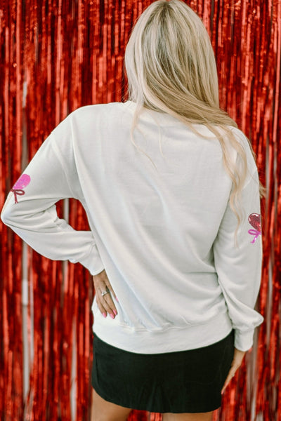 Women's White Sequin Heart Lolly Graphic Sweatshirt