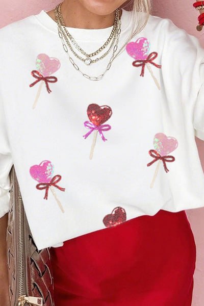 Women's White Sequin Heart Lolly Graphic Sweatshirt