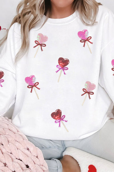Women's White Sequin Heart Lolly Graphic Sweatshirt