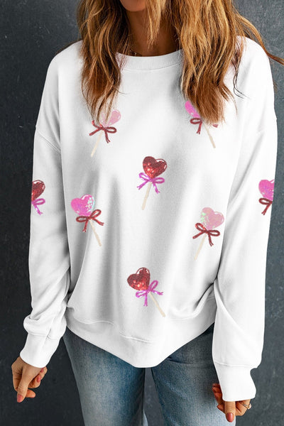 Women's White Sequin Heart Lolly Graphic Sweatshirt