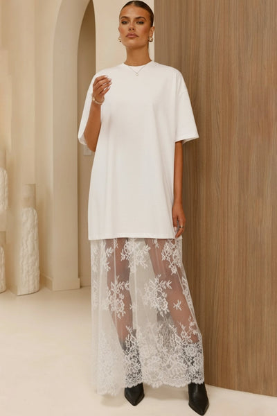 Women's White T-Shirt Maxi Dress with Floral Lace Overlay