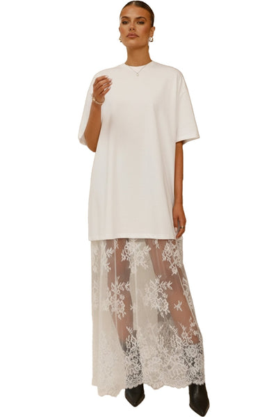 Women's White T-Shirt Maxi Dress with Floral Lace Overlay
