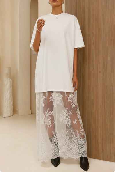 Women's White T-Shirt Maxi Dress with Floral Lace Overlay