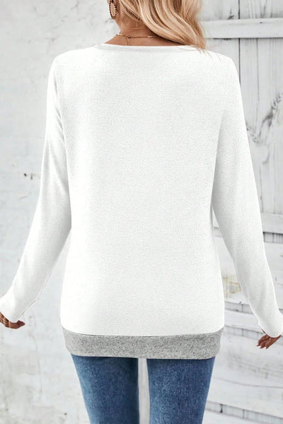 Women's White V-Neck Colorblock Top with Ruched Button Detail
