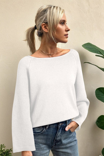 Women's White Viscose-Blend Dolman Sweater with Bracelet Sleeves