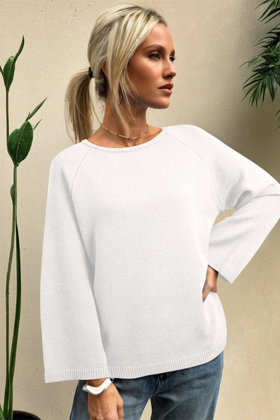 Women's White Viscose-Blend Dolman Sweater with Bracelet Sleeves