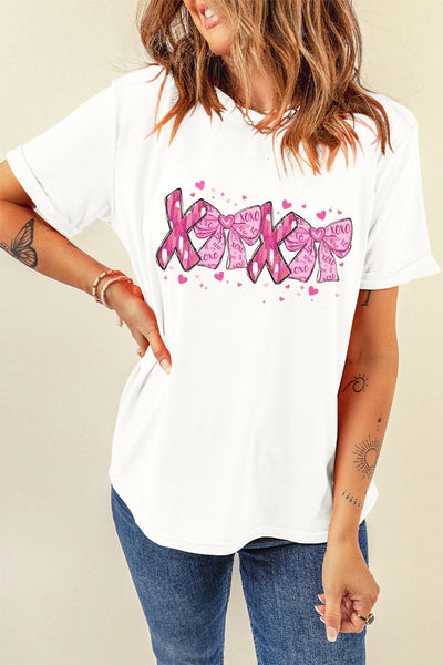 Women's White XOXO Bow Graphic Tee: Relaxed Cotton-Blend Top