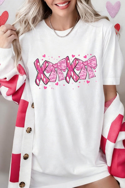 Women's White XOXO Bow Graphic Tee: Relaxed Cotton-Blend Top