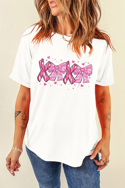 Women's White XOXO Bow Graphic Tee: Relaxed Cotton-Blend Top