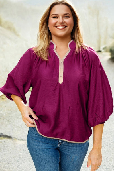 Women's Wild Ginger Contrast Trim V-Neck Blouse with Bracelet Sleeves