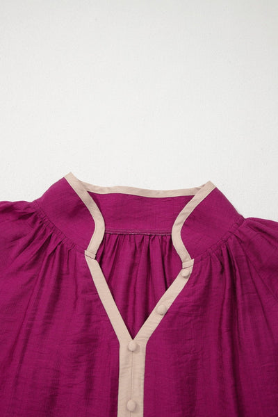 Women's Wild Ginger Contrast Trim V-Neck Blouse with Bracelet Sleeves