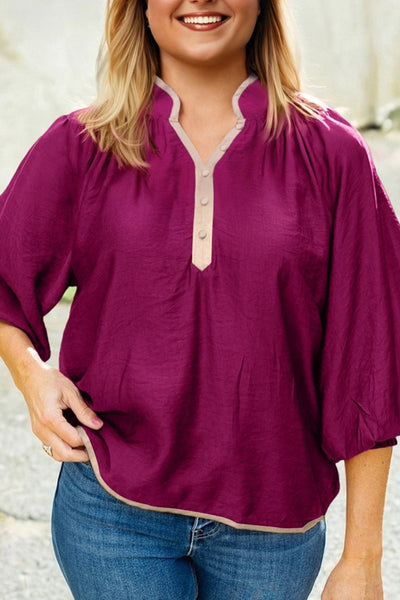 Women's Wild Ginger Contrast Trim V-Neck Blouse with Bracelet Sleeves