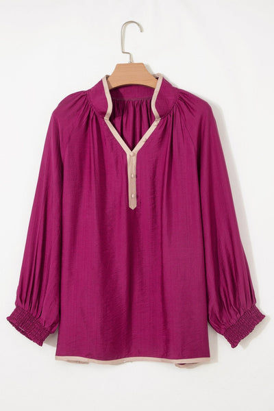 Women's Wild Ginger Contrast Trim V-Neck Blouse with Bracelet Sleeves