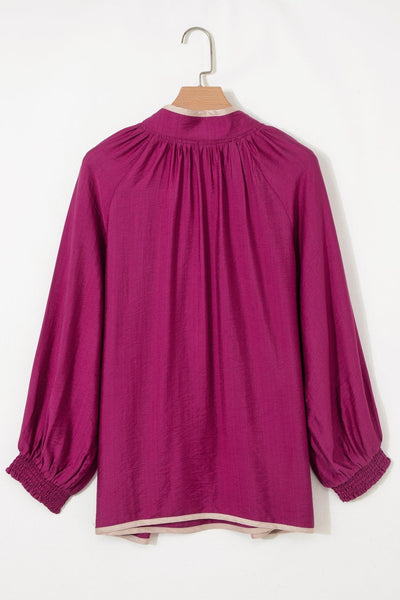 Women's Wild Ginger Contrast Trim V-Neck Blouse with Bracelet Sleeves