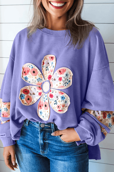Women's Wisteria Floral Applique Relaxed Pullover Sweatshirt